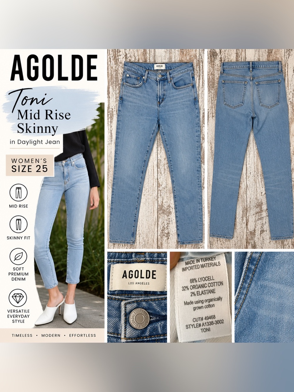 AGOLDE Toni Mid Raise Skinny in Daylight Jean, Size 25